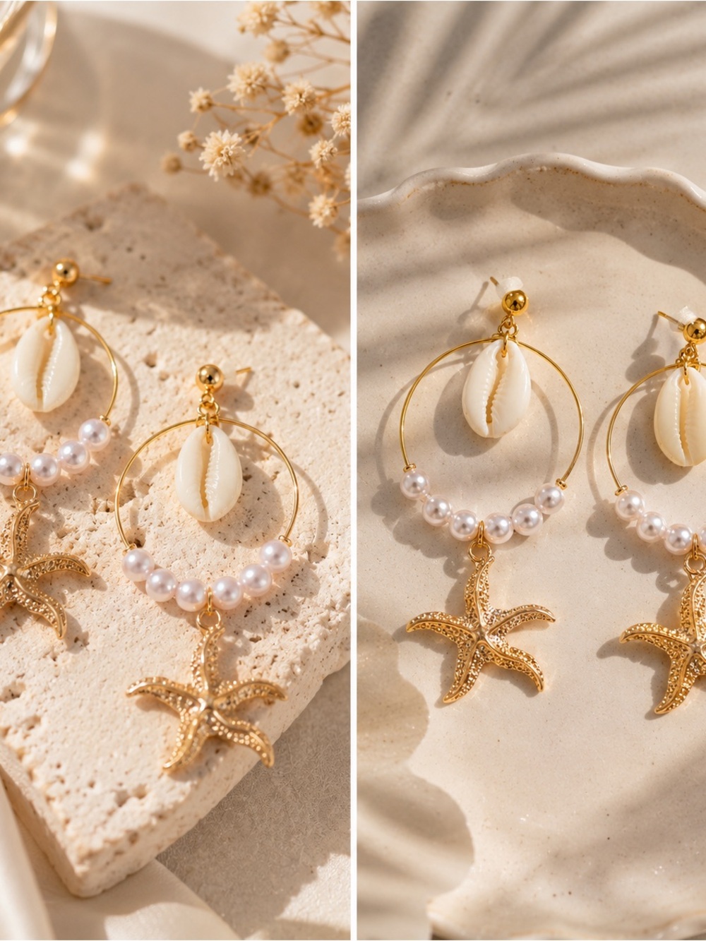 Gold Starfish Hoop Earrings with White Pearls